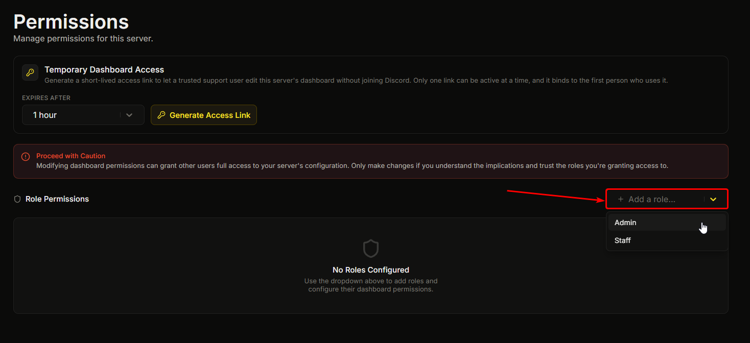 The Add a role dropdown, picking a Discord role on the Permissions page