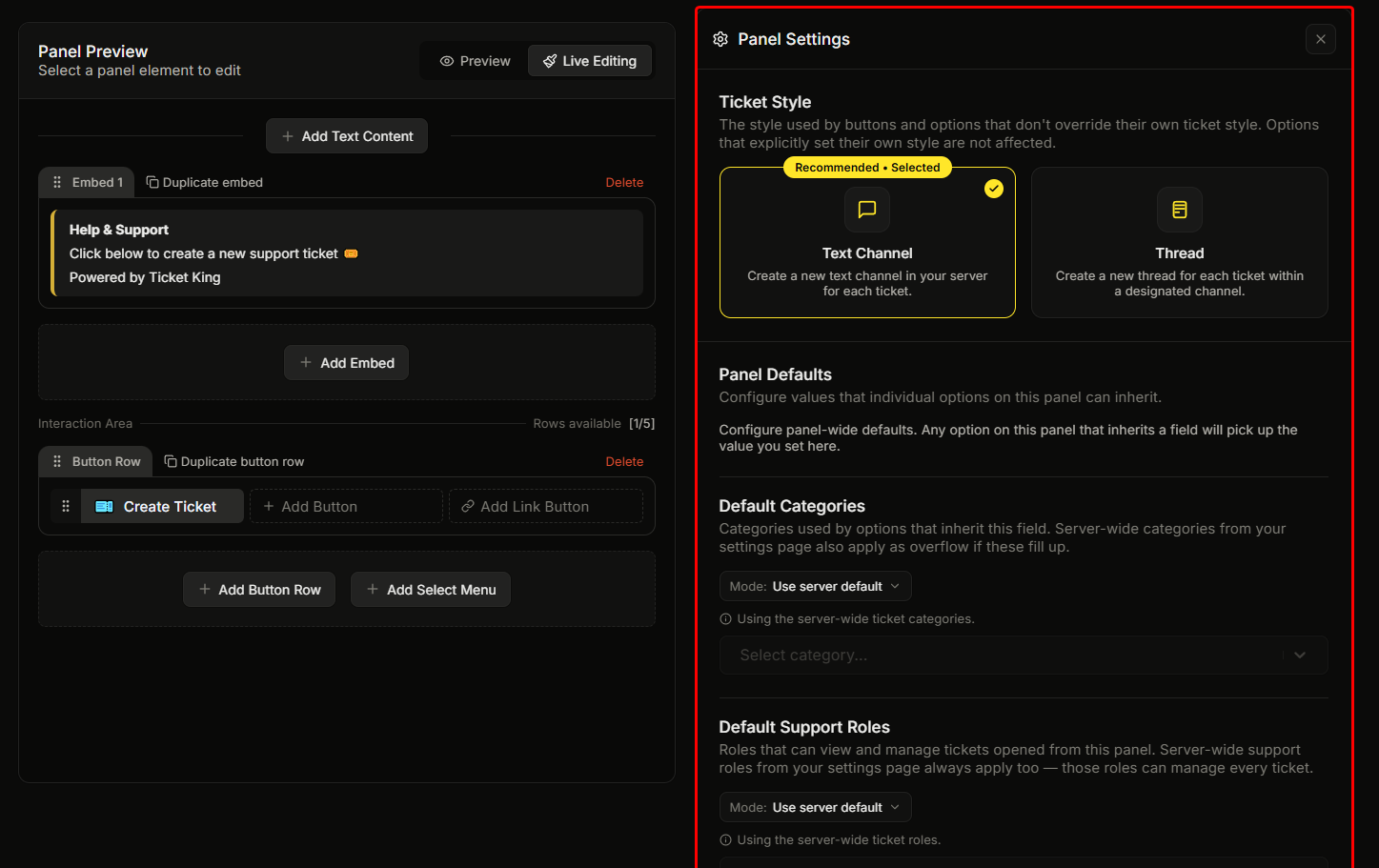 The Panel Settings pane open in the right side of the panel editor showing all ticket-panel default fields