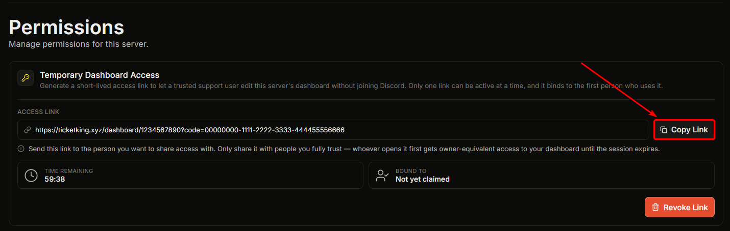 The active link in the Temporary Dashboard Access card right after creation, with the copied-to-clipboard confirmation