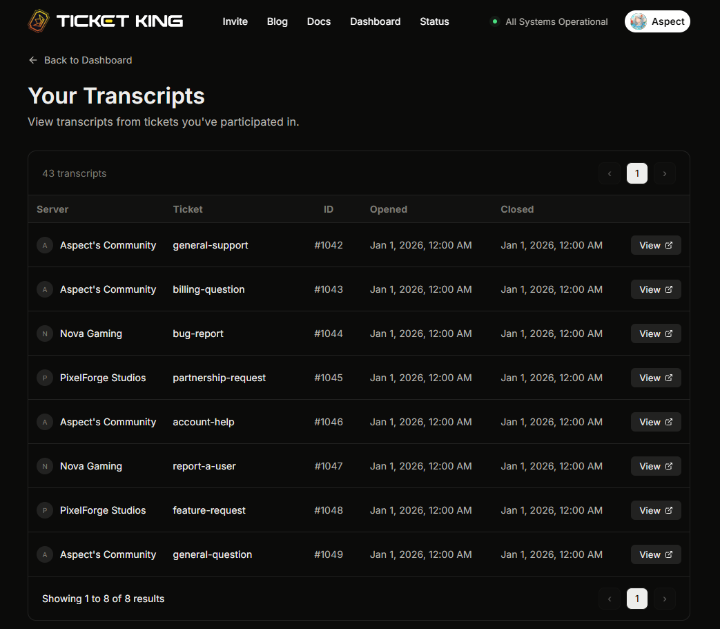 The user/transcripts page showing a list of transcripts grouped by server