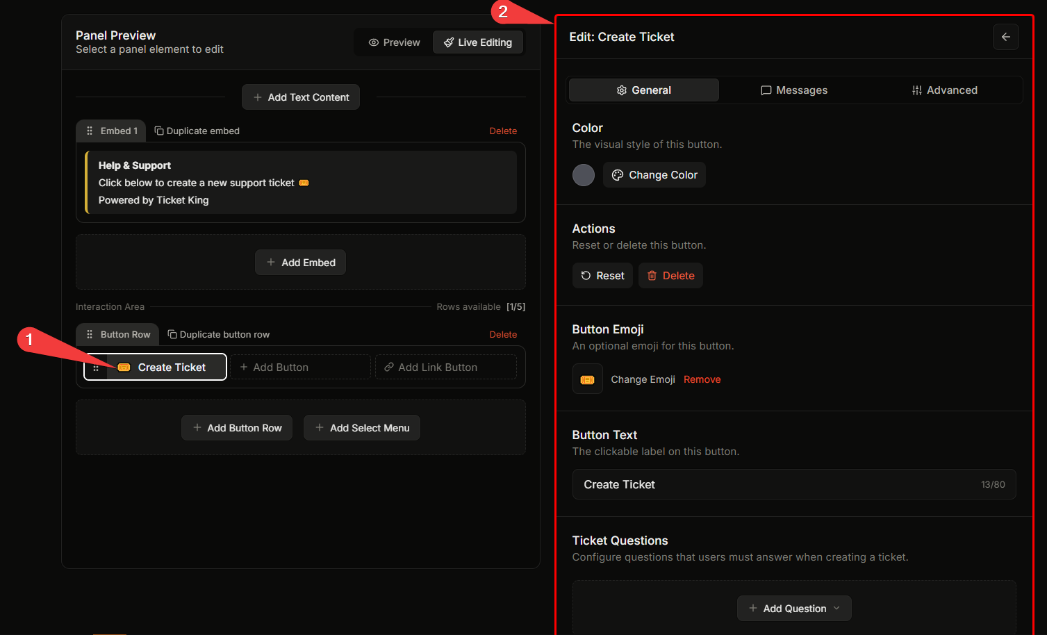 The per-button editor showing Button Text, Color, Emoji fields, plus the live button preview