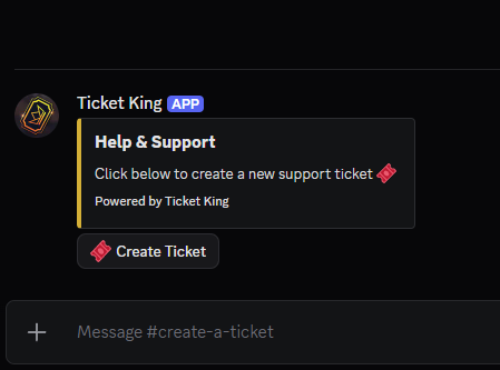 The finished panel message as it appears in the Discord channel, with its embed and Create Ticket button
