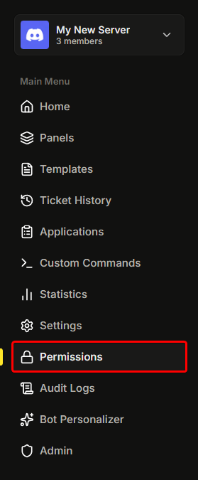 The dashboard sidebar with the Permissions item, and the Permissions page open