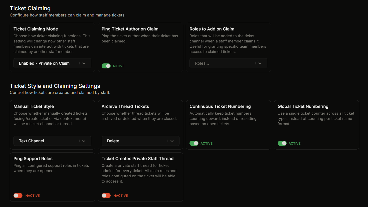 Settings, the Ticket Claiming group and the Ticket Style and Claiming Settings group showing all fields
