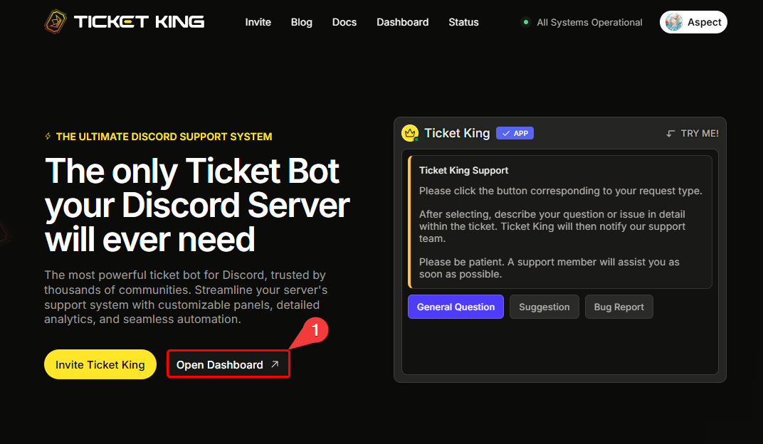 The ticketking.xyz homepage with the Dashboard button