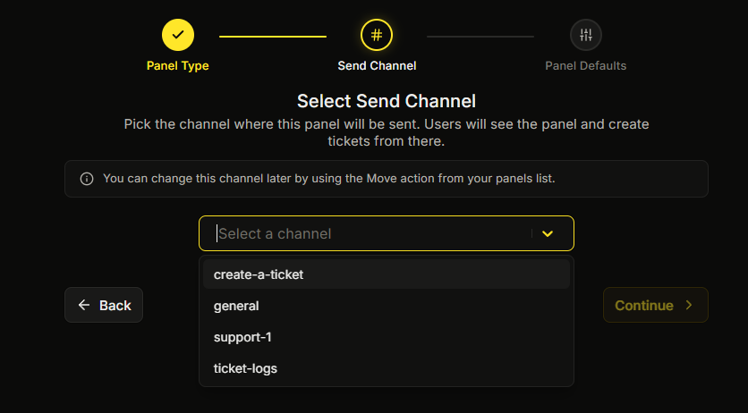 The wizard on the Select Send Channel step, with the channel picker open