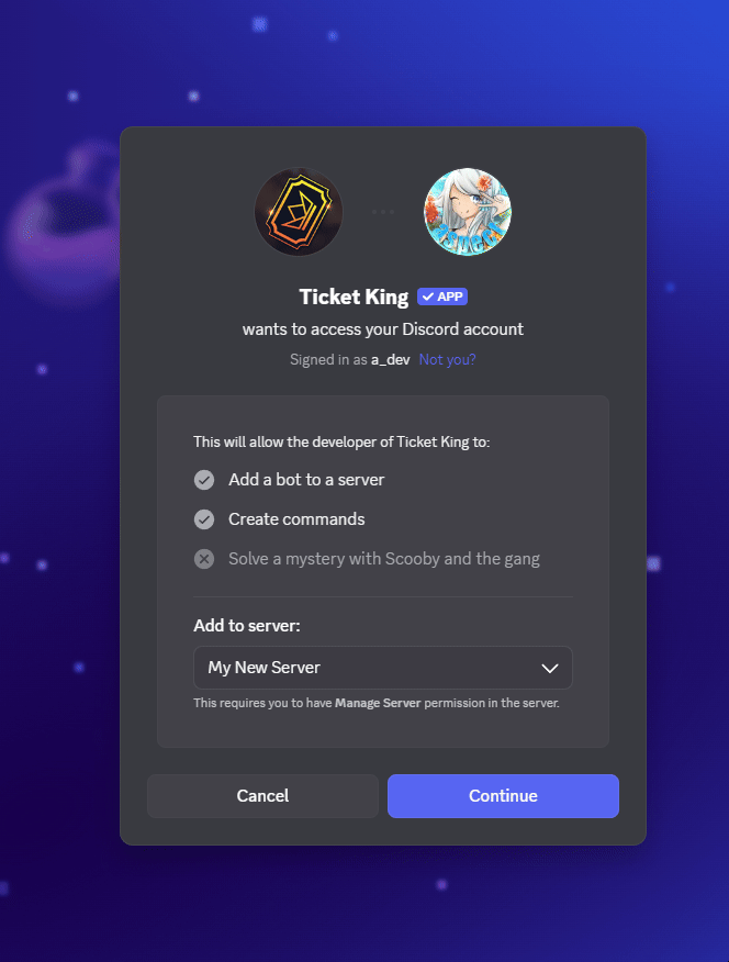 Inviting Ticket King and authorizing it for a server