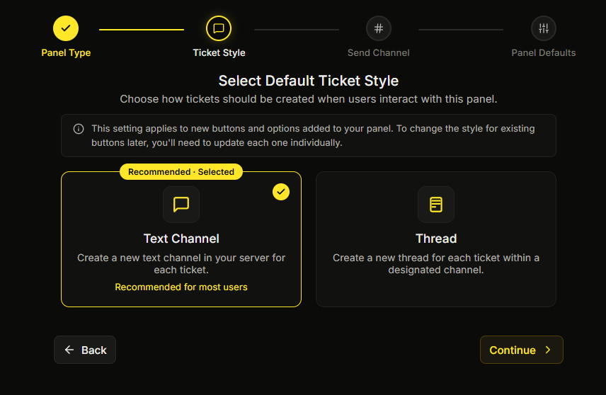 The wizard on the Select Default Ticket Style step, showing the Text Channel and Thread cards