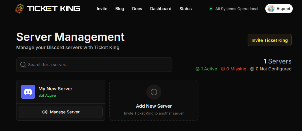The Server Management page with several server cards visible, including one in each of the three card states (Bot Active