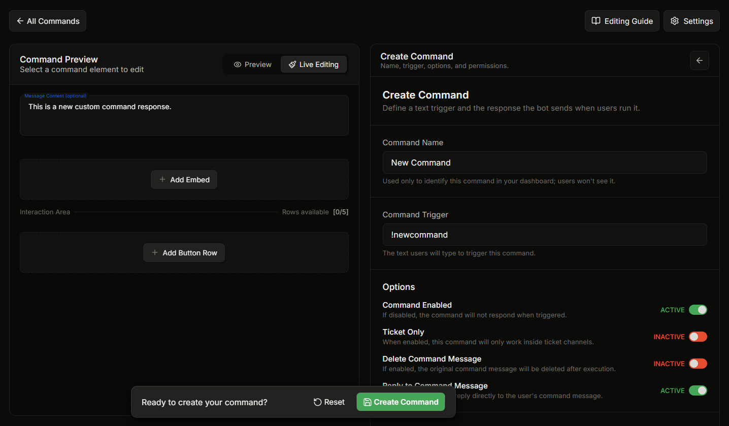 The custom-command creator open showing both panes