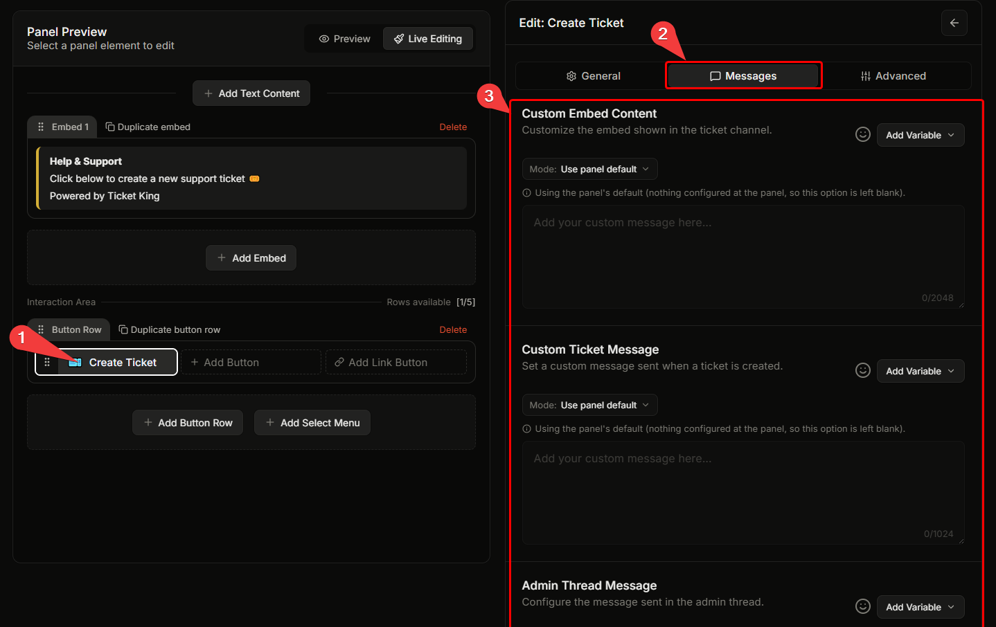 The per-option editor with the Messages tab active, showing the Custom Embed Content, Custom Ticket Message, and Admin T