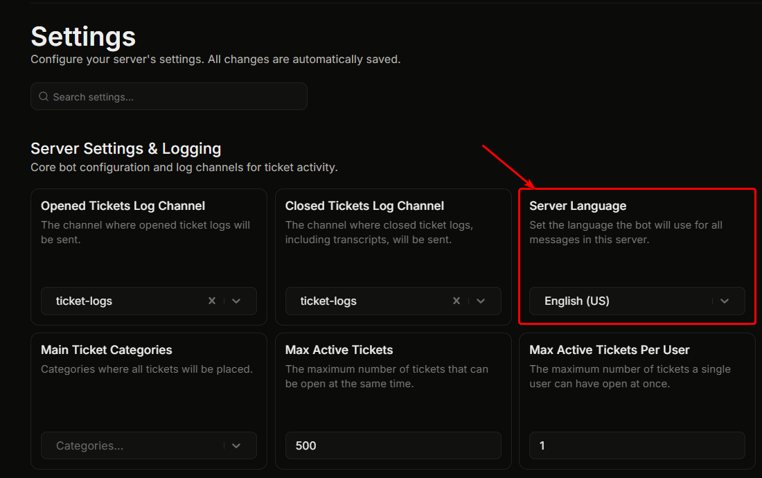 Settings → Server Language dropdown open, showing a list of 10+ language options scrolling
